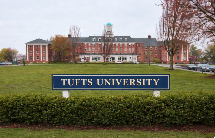 Tufts University campus sign showing acceptance rate insights and admissions overview