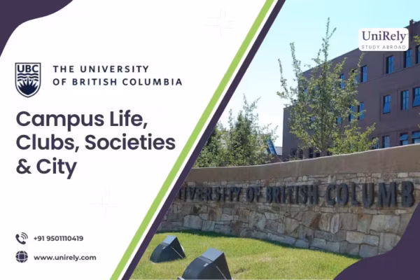 Banner promoting the University of British Columbia's campus life, clubs, societies, and city experience.
